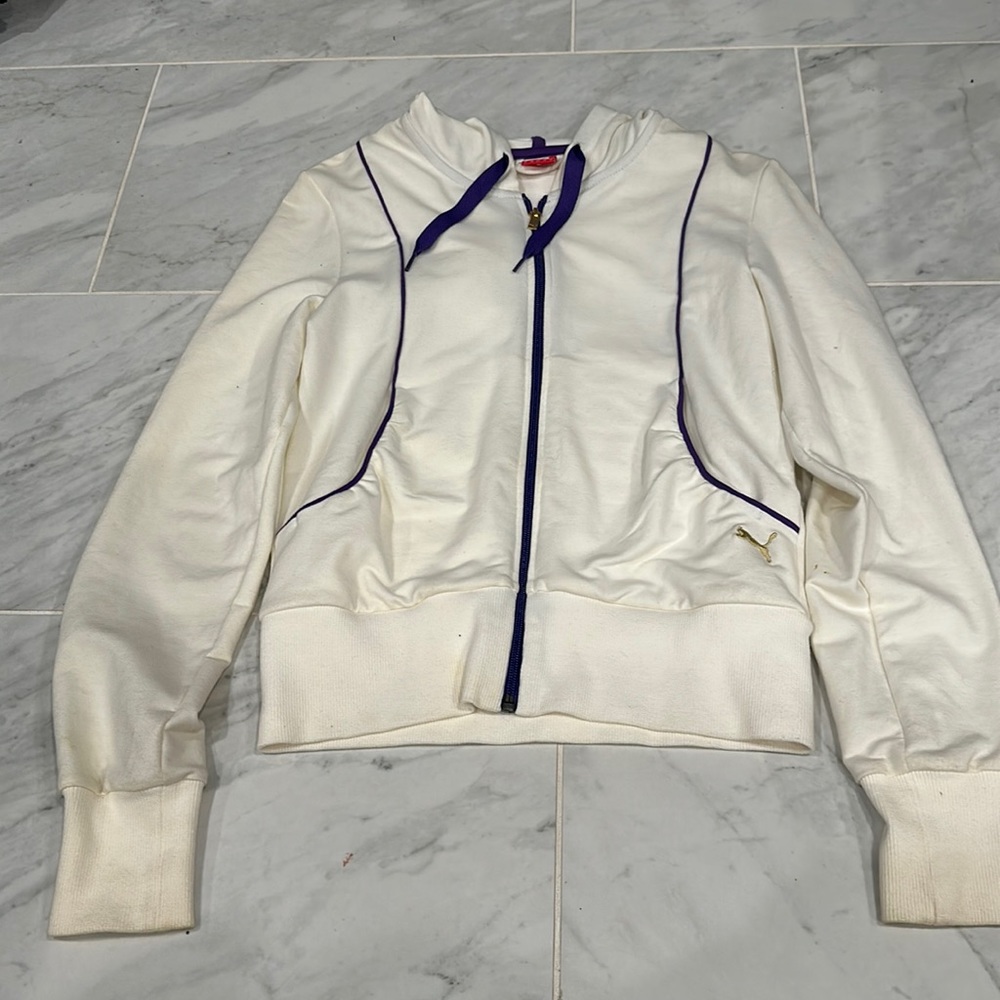Puma Sweatshirt- White and purple, gold zipper